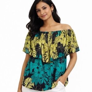 EUC Women's Susan Graver Floral Print Top Size Large L Yellow Teal